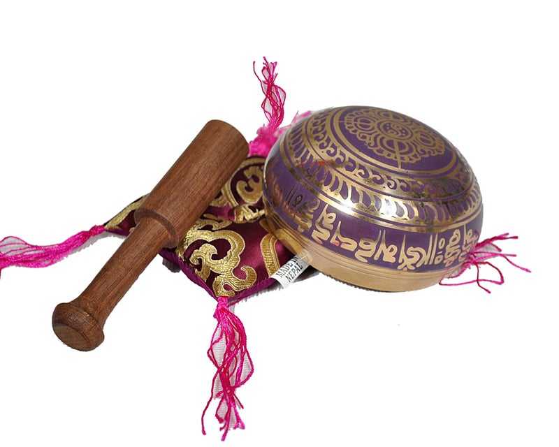 Dharma Store Tibetan Singing Bowl Set By Dharma Store - With Traditional Design Tibetan Buddhist Prayer Flag - Handmade in Nepal (Purple) - Image 4